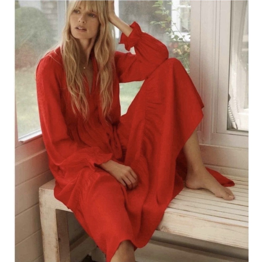 Anthropologie Maeve Wendy Tiered Maxi Dress Red Jacquard Tie Neck Large Cottage
